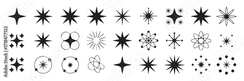 retro black and white starburst icons vector set mid century modern atomic shapes graphic design decorative elements