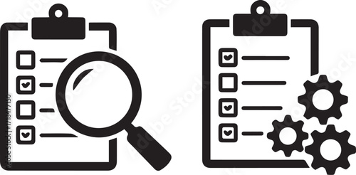 black and white workflow management icon with clipboard checklist and gear symbols representing process automation