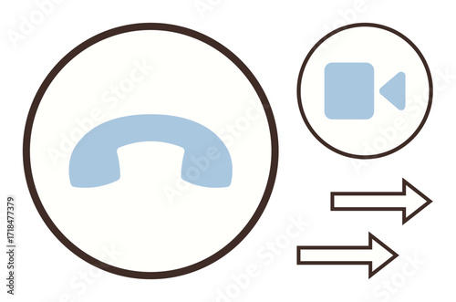 Phone handset and video camera icons inside circles with arrows signifying call and video forwarding. Ideal for communication, technology, contact, business, connectivity, mobility, simple flat