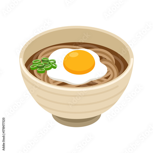 Tsukimi soba in ochre bowl - flat vector illustration, Japanese food icon