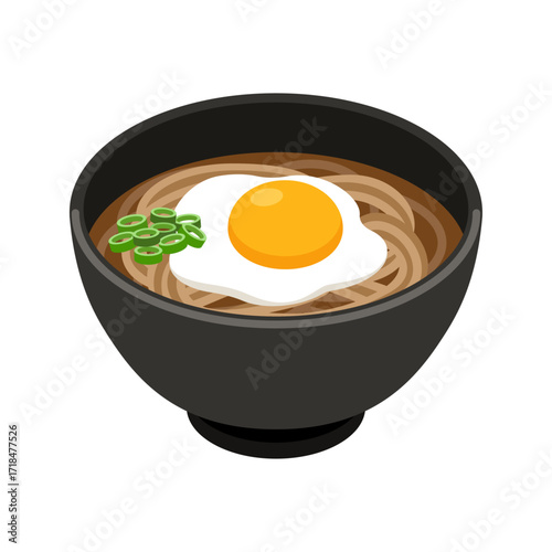 Tsukimi soba in black bowl - flat vector illustration, Japanese food icon