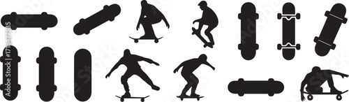 dynamic skateboarding silhouette vector set skateboards tricks ramps skatepark icons, editable ai eps jpeg png