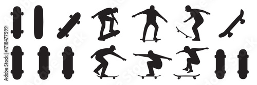 skate lifestyle vector silhouettes set skatepark ramps boards tricks balanced poses ai eps jpeg png