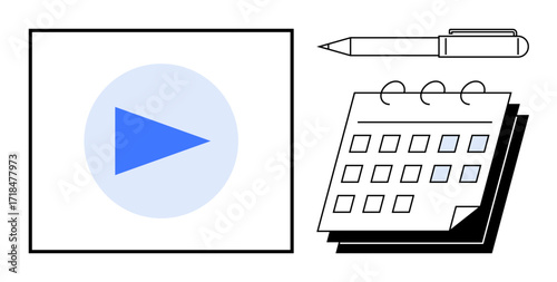 Blue play button icon next to a calendar and pen symbolizing timing, planning, content creation, video scheduling, productivity, workflow management, and strategy. Ideal for organized media