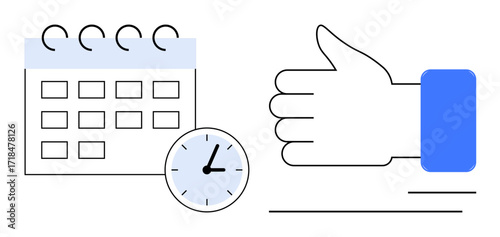 Calendar next to a clock and a thumbs-up to suggest time tracking, scheduling, and task completion. Ideal for productivity, planning, work-life balance, goal setting, efficiency, organization