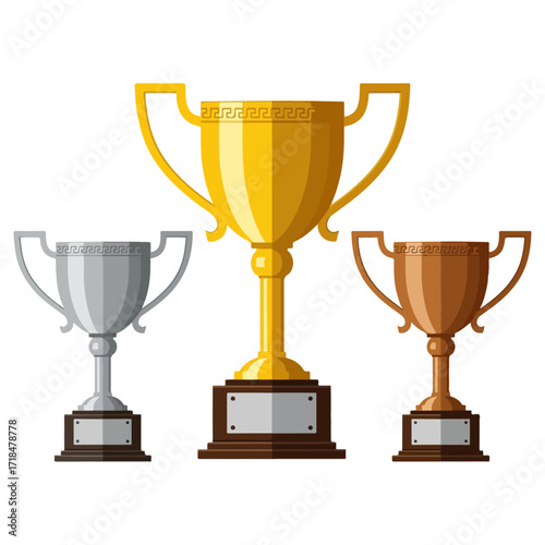 Trophies representing first, second, and third place awards for champions.