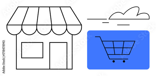 Minimalist storefront with canopy next to a shopping cart icon. Ideal for business, e-commerce, retail, digital shopping, trade, local shops, and sustainability. Simple flat metaphor