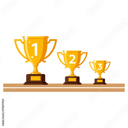 Trophies on a shelf representing first, second, and third place winners.
