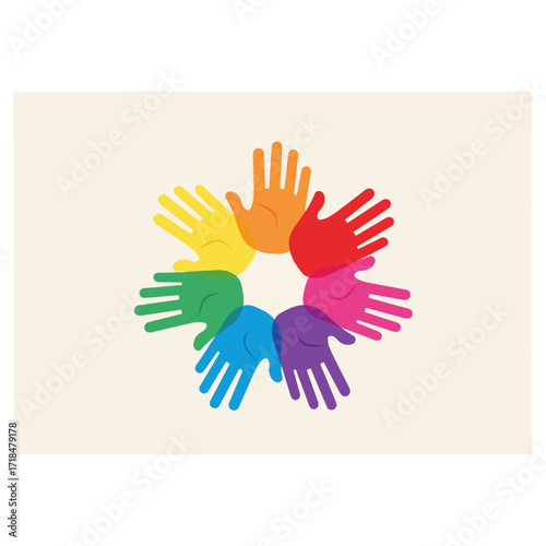 Colorful handprints arranged in a circular pattern on white background.