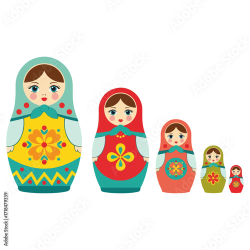 Colorful Russian nesting dolls arranged in a row.