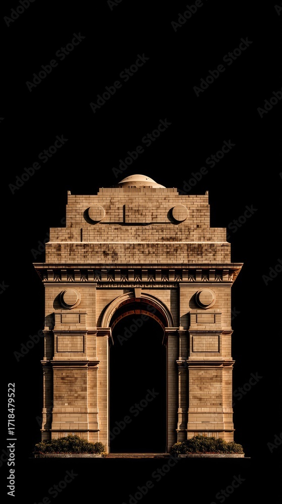 Obraz premium A magnificent archway structure, rendered in warm terracotta tones, stands imposingly against a stark black backdrop.