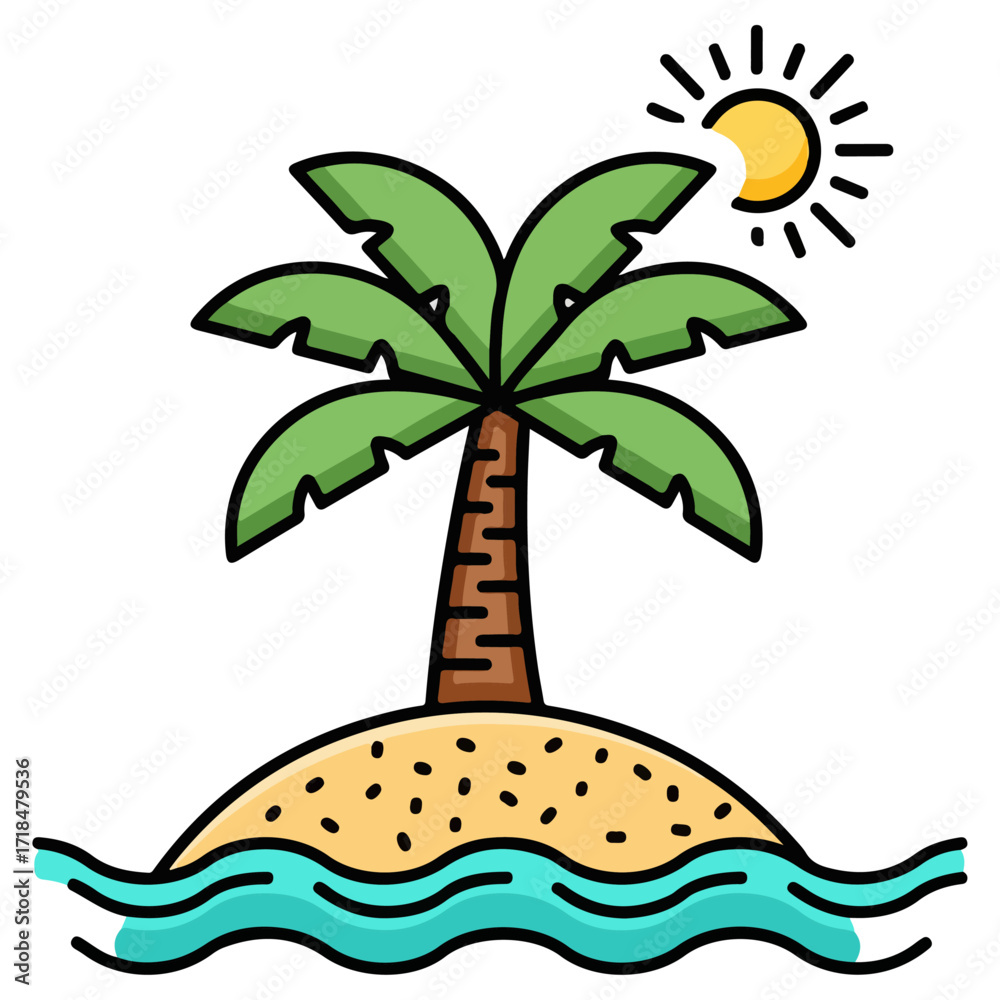 Fototapeta premium Tropical island paradise with palm tree and bright sun.