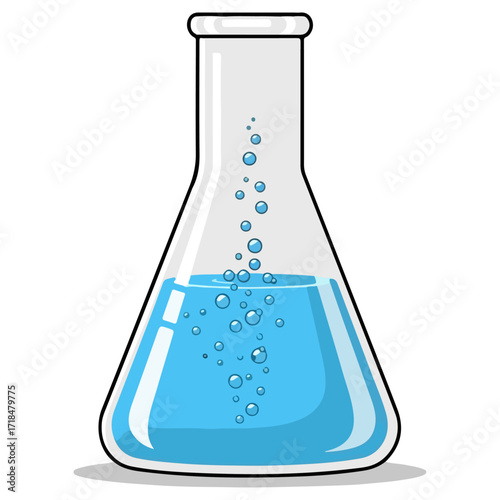 Blue liquid in a laboratory flask with bubbles.