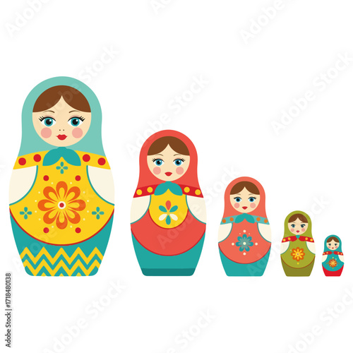 Colorful Russian nesting dolls arranged in a row on white background.