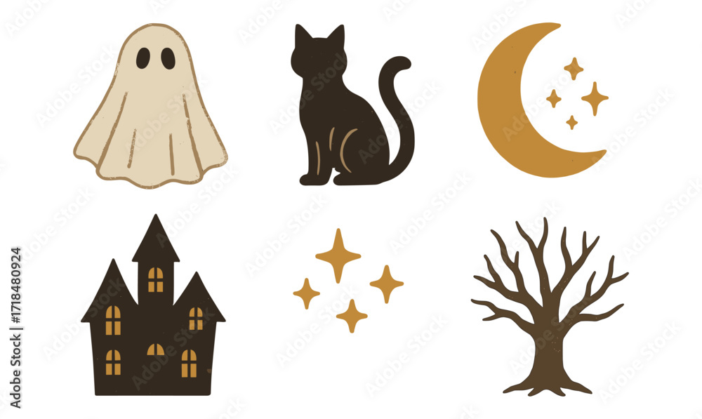 Naklejka premium Vintage halloween symbols with ghost, cat, crescent moon, haunted house, stars, and bare tree