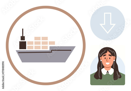 Cargo ship with containers in a circle, smiling female in uniform, and downward arrow. Ideal for shipping, logistics, customer support, import-export, freight, delivery global trade simple flat