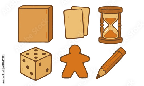 Board game components: hourglass, dice, cards, and tokens with vintage style