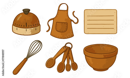 Vintage kitchen utensils set with apron and measuring tools