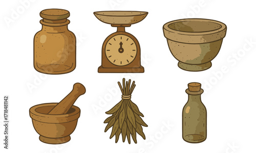 Rustic kitchen tools collection featuring scales and mortar