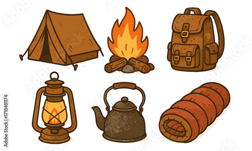 Rustic camping essentials: tent, lantern, fire, backpack, kettle, sleeping bag