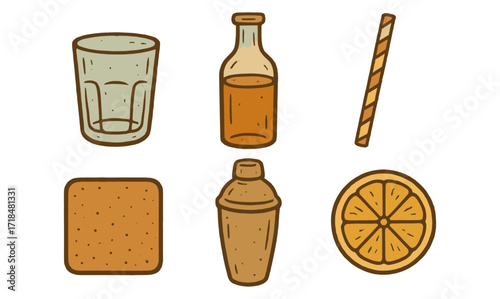 Vintage cocktail elements: glass, bottle, straw, orange slice, shaker, coaster