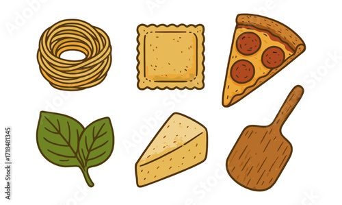 Hand drawn italian cuisine icons: pasta, cheese, pizza, and basil