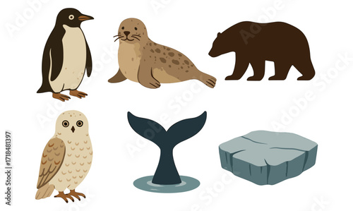 Arctic wildlife collection: penguin, seal, bear, owl, whale tail, ice