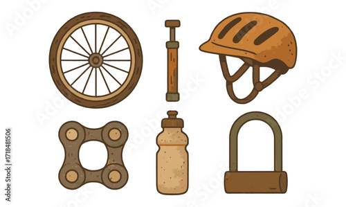 Cycling equipment collection featuring helmet, wheel, and accessories in vintage style