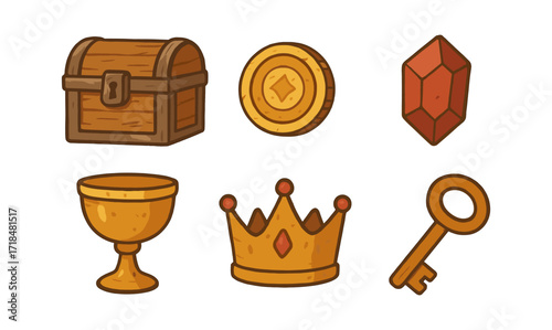 Medieval treasure icons: chest, gold coins, gems, and crown