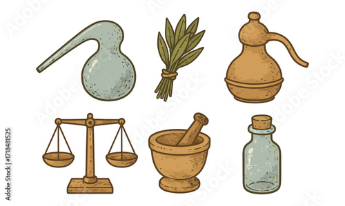 Vintage apothecary tools with sage and glass bottle in retro design