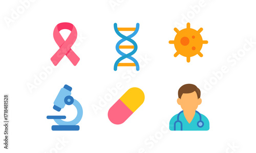 Oncology icons grid featuring cancer ribbon, dna strand, virus, microscope, pill, and doctor for medical design
