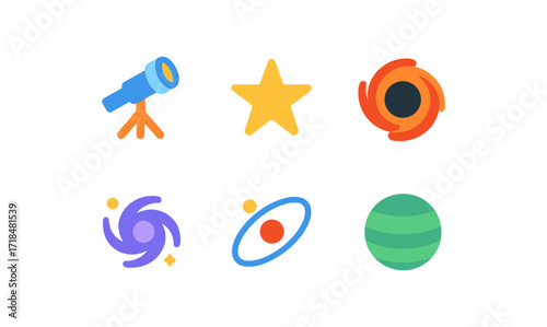 Astrophysics icon set featuring telescope, star, galaxy, and planet designs for educational and scientific projects