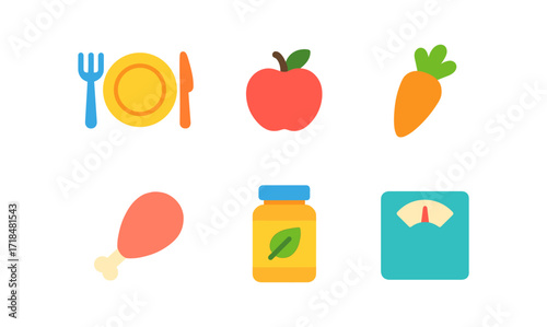 Nutrition icons grid featuring healthy food elements for design and educational purposes