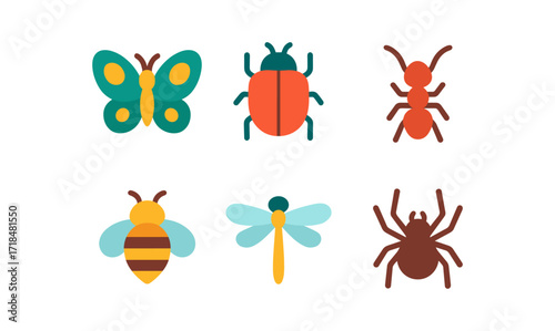 Colorful insect icons grid featuring butterfly, ant, bee, dragonfly, beetle, and spider for design projects