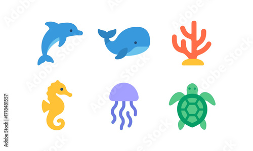 Marine life icons collection: dolphin, whale, coral, seahorse, jellyfish, turtle for graphic design