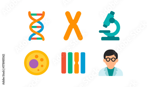 Genetics icon set featuring dna strand, chromosome, microscope, cell, chromosome arrangement, and scientist