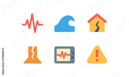 Minimalist seismology icon set featuring earthquake, wave, and hazard symbols for educational and emergency design