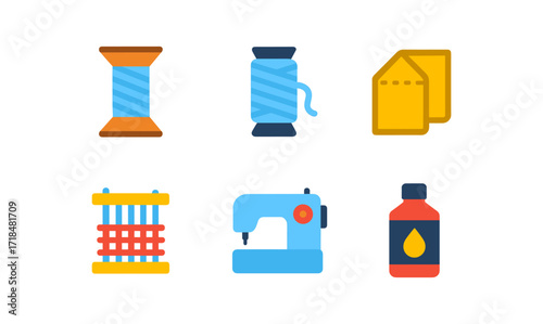 Textile icon set featuring sewing machine, thread spool, fabric swatches, weaver, and liquid dye elements for design projects