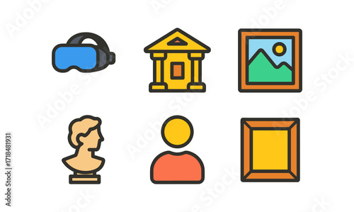 Virtual art icons collection: museum, vr goggles, picture frame, sculpture for digital design projects