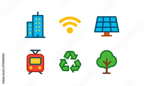 Smart city icon set featuring buildings, wi-fi, solar panel, transportation, recycling, and tree for urban development design