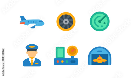 Aviation icon set featuring airplane, pilot, radar, and control tower elements for design projects