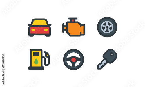 Automotive icon set with car, engine, tire, fuel pump, steering wheel, and key for design and print