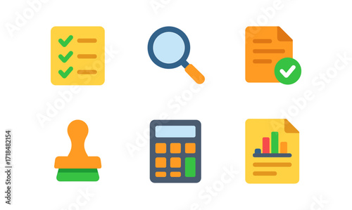 Comprehensive audit icons set for business: simplified visual tools for financial management and analysis