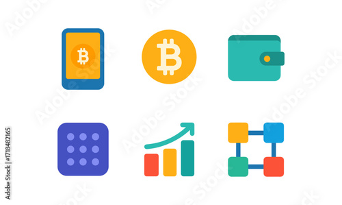 Fintech icon grid featuring cryptocurrency and digital wallet for modern financial applications
