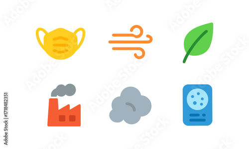 Air quality icons set featuring mask, wind, leaf, factory, cloud, and sensor for environmental awareness and app design