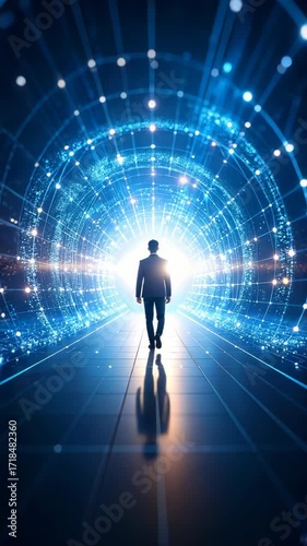 Figure walking through glowing futuristic tunnel with data and light, creating a sense of progress and technology