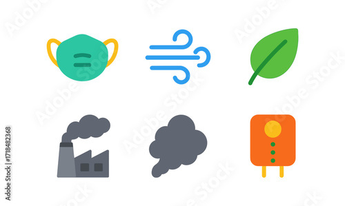 Air quality icons set: mask, wind, leaf, factory, smoke, and sensor design for environmental awareness