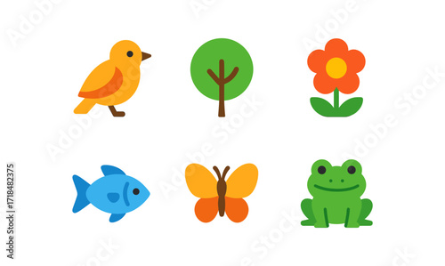 Biodiversity icon set featuring bird, tree, flower, fish, butterfly, and frog for eco-friendly designs
