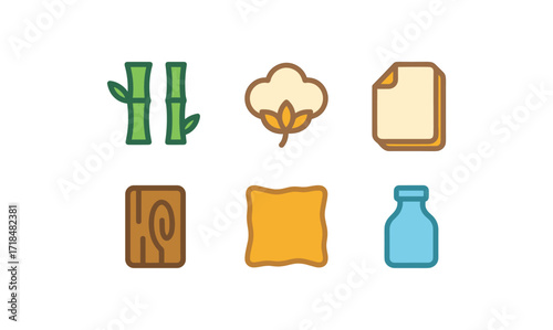Renewable materials icon set featuring bamboo, cotton, recycled paper, wood, fabric, and glass for sustainable design projects