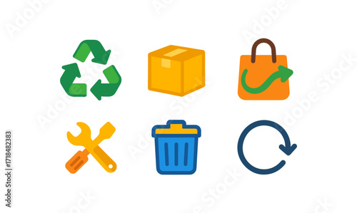 Sustainable design elements for circular economy with recycling and reuse icons for educational and environmental projects